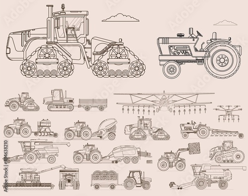 Agriculture heavy machinery and farmer vehicle silhouette. Isolated set of power farming machine for harvesting and cultivation