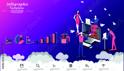 Business man and Lady teamwork Brainstorming,Contact communicate with Cellphone,Tablet, Laptop,Computer, icon, paper rocket fold - creativity modern Idea and concept Infographics template.