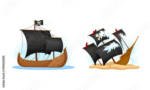 Pirate ships with black sails and flag set. Vintage vessels sinking in ocean or sea cartoon vector illustration