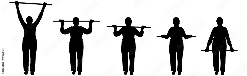 Five poses of a person doing gymnastics for phased animation. Physical exercise for older seniors. Hands up with a gymnastic stick. Front view. Woman silhouette in black isolated on white background. Five poses of a person doing gymnastics for phased animation. Physical exercise for older seniors. Hands up with a gymnastic stick. Front view. Woman silhouette in black isolated on white background.