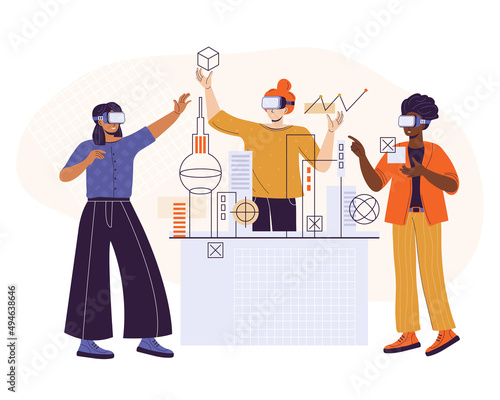 Break the bias. Women of different ethnic groups in VR headsets experiencing virtual reality simulation. Professional female engineers design houses in virtual reality. Women work. Vector illustration