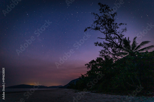 Palm Tree and Beach under a Starry Night Sky with Romantic Evening Twilight, Queensland, Australia