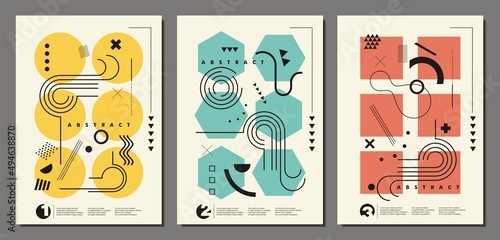 Abstract document templates made from geometric shapes. Brochure covers, artistic design elements, Memphis style abstractions set. Vector illustration.