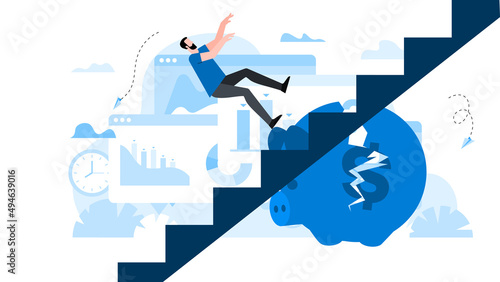 Man falling down the stairs with broken piggy bank on background. Animation ready duik friendly vector. Conceptual business story. Financial crisis, economic recession, bankruptcy, depression.