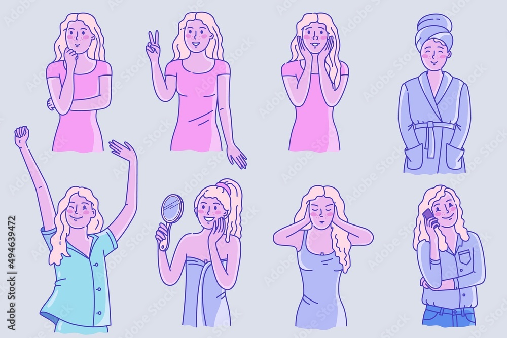 Woman character with different emotion in various situation. Set of cute girl with positive expression Woman character with different emotion in various situation. Set of cute girl with positive expression