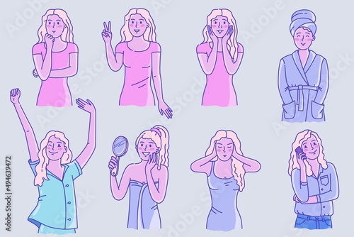 Woman character with different emotion in various situation. Set of cute girl with positive expression
