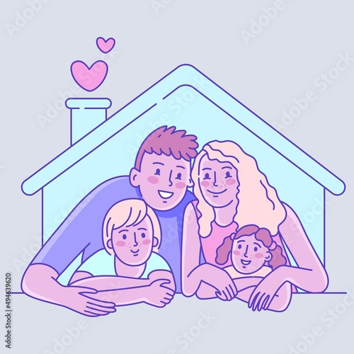 Happy parent and child embracing stay at home. Cheerful family hugging under house roof feeling protected and safety