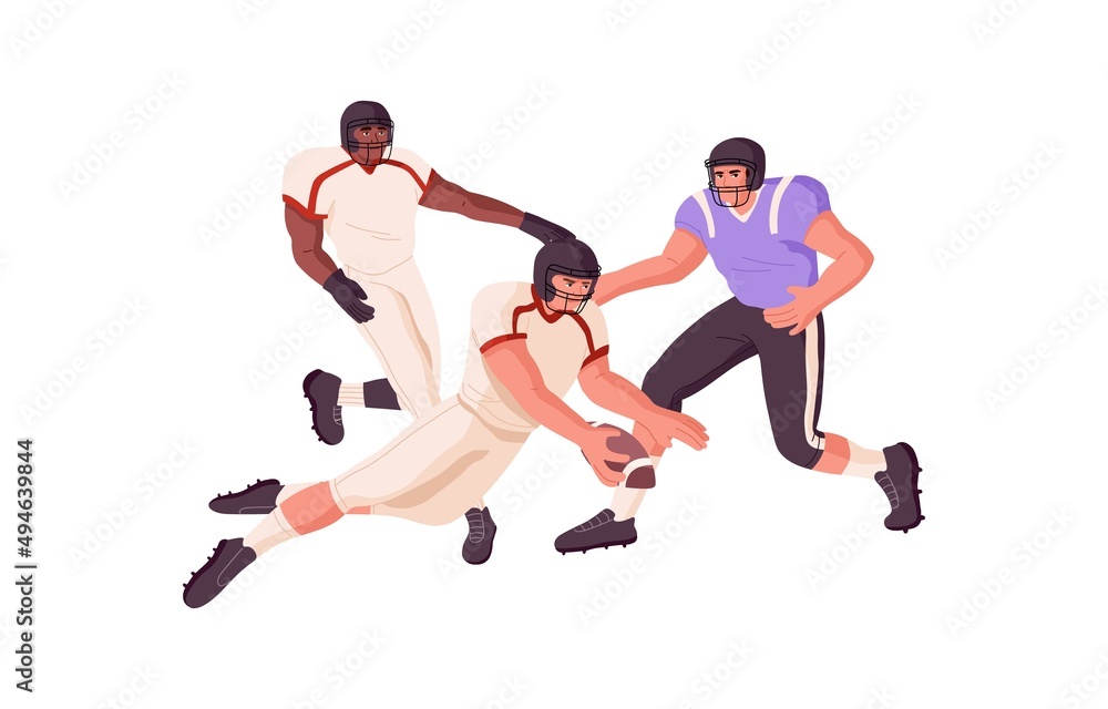 Rugby players scrum. American football rivals struggling for ball at sports game. Athletes in helmets playing, attacking, tackling and running. Flat vector illustration isolated on white background