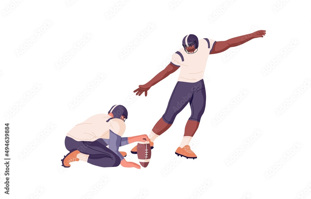 American rugby players during sports game. Athletes, rivals in helmets with ball in hand. Men playing arm football in America. Flat vector illustration isolated on white background