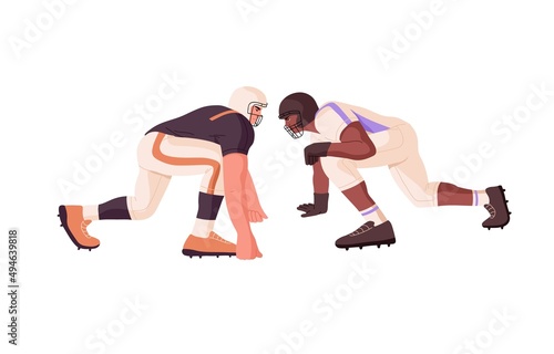 Two rugby players competitors in front of each other. Athletes playing American football, rivals struggling during sports game, competition. Flat vector illustration isolated on white background