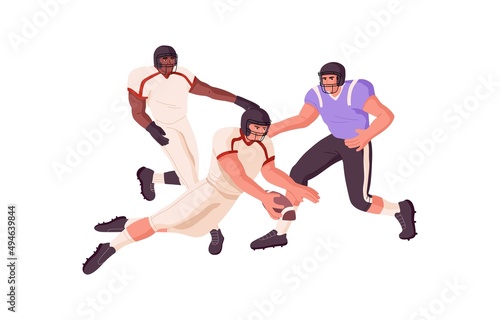 Rugby players scrum. American football rivals struggling for ball at sports game. Athletes in helmets playing, attacking, tackling and running. Flat vector illustration isolated on white background