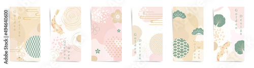 Golden week spring sale stories banners fashion template set. Japanese design for stories, promo posts. Design with wavy patterns, tradition style shapes, elements in pink, beige, green colors set.