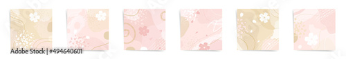Golden week spring sale square post banners fashion template set. Japanese design sale promo posts. Design with wavy patterns, tradition style abstract elements in pink, beige, white colors set.