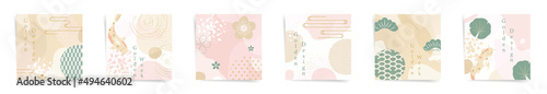 Golden week spring sale square post banners fashion template set. Japanese design sale promo posts. Design with wavy patterns, tradition style shapes, elements in pink, beige, green colors set.