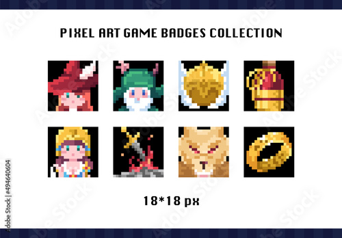 Set of vintage pixel gaming stickers. 8 bit mosaic pixel art illustration labels or icons of mage, elden druid, valkyrie helmet, potion, fantasy girl, bonfire, wolf and magic ring. Stream badges.