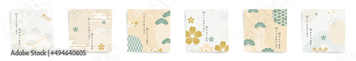 Golden week spring sale square post banners fashion template set. Japanese design sale promo posts. Design with wavy patterns, tradition style aesthetic elements in gold, beige, green colors set.