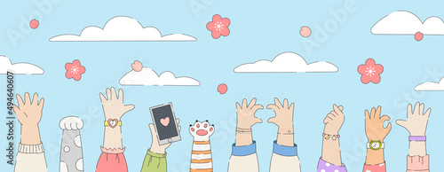 Plum sakura blossom celebration cartoon cute banner. Background illustration with people and animals hands, sakura flowers, landscape, sky and clouds. Vector.