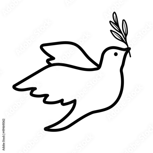オリーブの枝をくわえたハトの線画イラスト（平和のシンボル）_モノクロ
