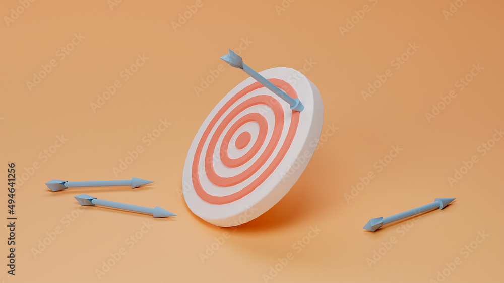 Blue arrows missed hitting target mark on yellow background. Multiple failed inaccurate attempts to hit archery target. Concept of business strategy and challenge failure. 3d render. Blue arrows missed hitting target mark on yellow background. Multiple failed inaccurate attempts to hit archery target. Concept of business strategy and challenge failure. 3d render.