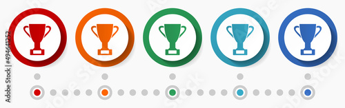 Cup, trophy, winner concept vector icon set, flat design colorful buttons, infographic template in 5 color option