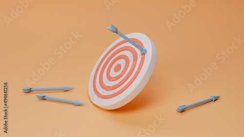 Blue arrows missed hitting target mark on yellow background. Multiple failed inaccurate attempts to hit archery target. Concept of business strategy and challenge failure. 3d render. 