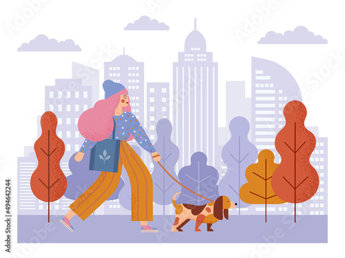 Girl Walking with Dog in City Park