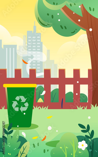 Sanitation workers are cleaning the environment with city buildings and trees in the background, vector illustration
