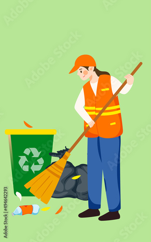 Sanitation workers are cleaning the environment with city buildings and trees in the background, vector illustration