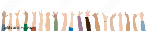 Cheering raised hands of multiethnic people. Fans, arm of men and women. Vector illustration