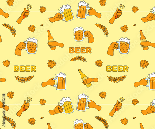 Beer seamless pattern. Background elements of beer glasses, bottles, mugs and hands. Useful for brewery, festival, bar, pub advertising or menu. 