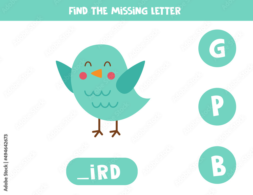 Find missing letter with cute bird. Spelling worksheet. Find missing letter with cute bird. Spelling worksheet.