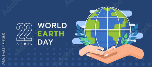 world earth day - an adult's hand and a child's hand are holding the earth and leaves on blue background vector design