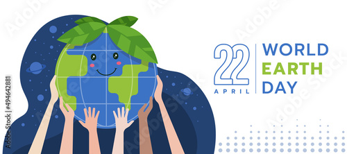 world earth day - hands are helping to globe earth character wearing a leaf hat on a space background vector design