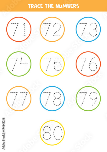 Tracing numbers from 71 to 80. Writing practice for kids.