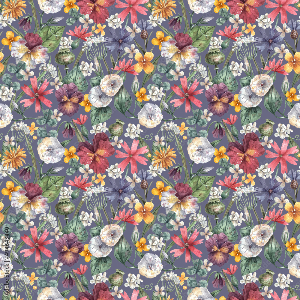 Romantic, watercolor seamless pattern with wild leaves and flowers in vintage style. For clothes, fashion fabrics, home decor, backgrounds, cards and templates, scrapbooking etc Romantic, watercolor seamless pattern with wild leaves and flowers in vintage style. For clothes, fashion fabrics, home decor, backgrounds, cards and templates, scrapbooking etc