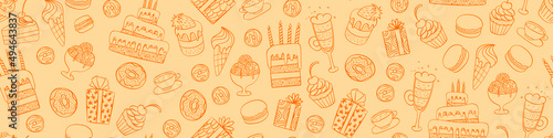 Seamless pattern with gifts and desserts. Birthday party background. Vector illustration.