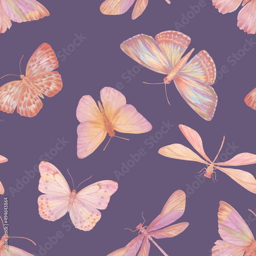 Watercolor butterflies seamless pattern. Abstract butterflies painted in watercolor in mixed media. Botanical background for design, print, wallpaper, textile, wrapping paper. © Sergei