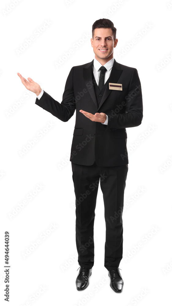 Full length portrait of happy receptionist in uniform on white background Full length portrait of happy receptionist in uniform on white background
