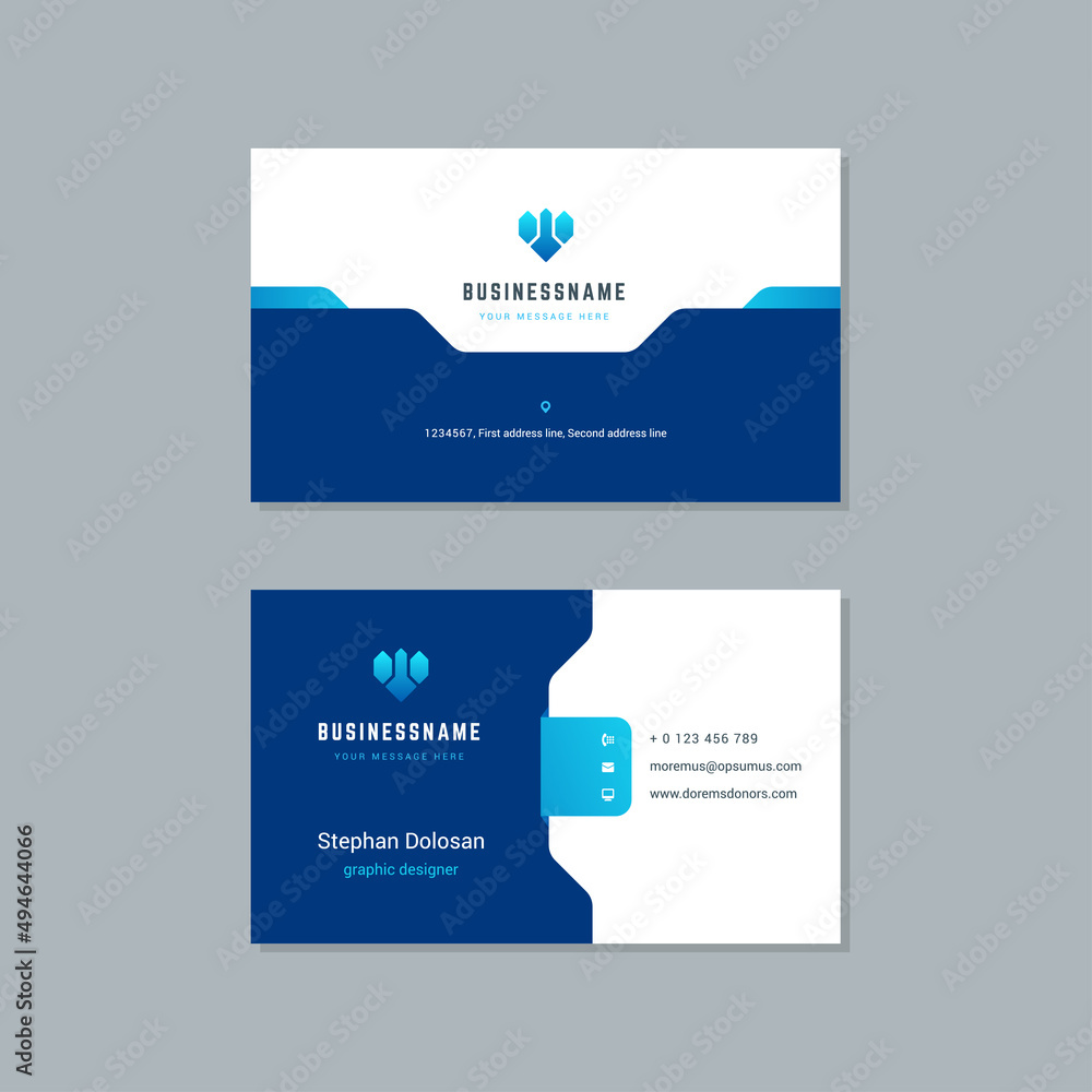 Business card design trendy blue colors template modern corporate branding style vector illustration. Two sides with abstract logo on clean background.