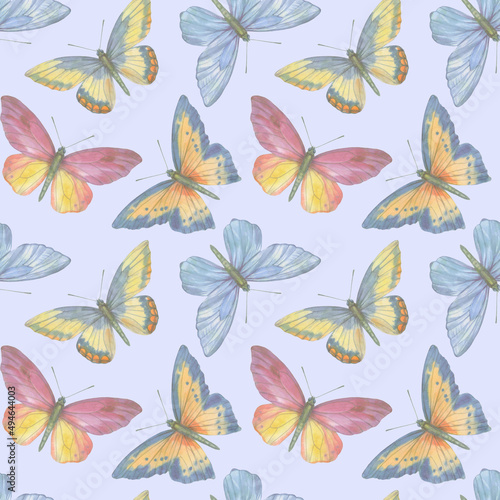 Bright watercolor butterflies collected in a seamless pattern. Botanical ornament on a colored background for design, print, wallpaper, fabric. © Sergei
