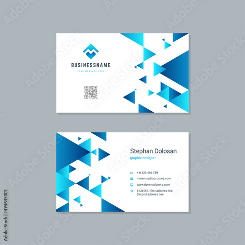 Business card design trendy blue colors template modern corporate branding style vector illustration. Two sides with abstract logo on clean background.