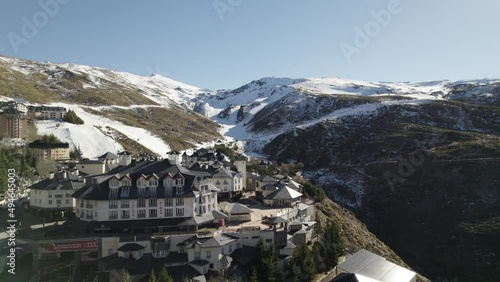Ski resort hotel in Sierra Nevada, Spain. Aerial panoramic view
