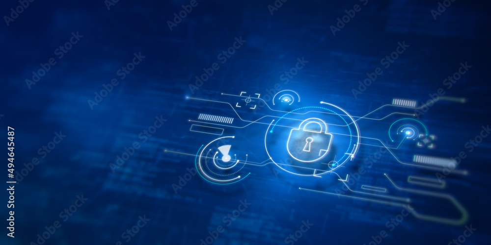 Obraz premium Abstract internet safety and security interface with padlock and business charts on blurry blue background with mock up place. Secure and cyber concept. 3D Rendering.