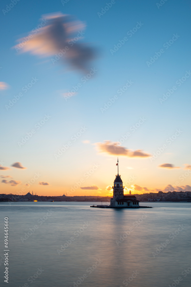 Istanbul Maiden Tower (Kiz Kulesi). Sunset at Maiden's Tower.Istanbul, Turkey
