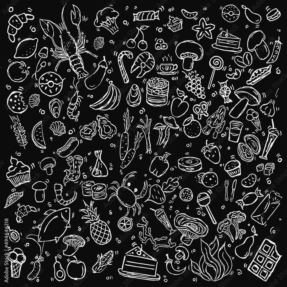 Fototapeta premium Set icons on the theme of food. Food vector. Doodle vector with food icons on black background.