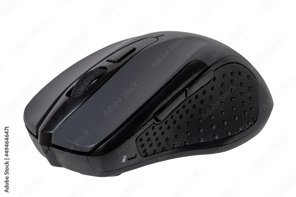 Wireless black computer mouse isolated on a white background. Home office, remote work during corona pandemic. Clipping path. Macro. Wireless black computer mouse isolated on a white background. Home office, remote work during corona pandemic. Clipping path. Macro.