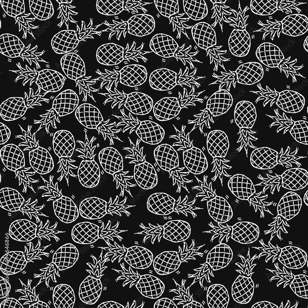 Seamless pineapple pattern. Doodle vector with pineapple icons on black background. Vintage pineapple pattern, sweet elements background for your project, menu, cafe shop. Seamless pineapple pattern. Doodle vector with pineapple icons on black background. Vintage pineapple pattern, sweet elements background for your project, menu, cafe shop.