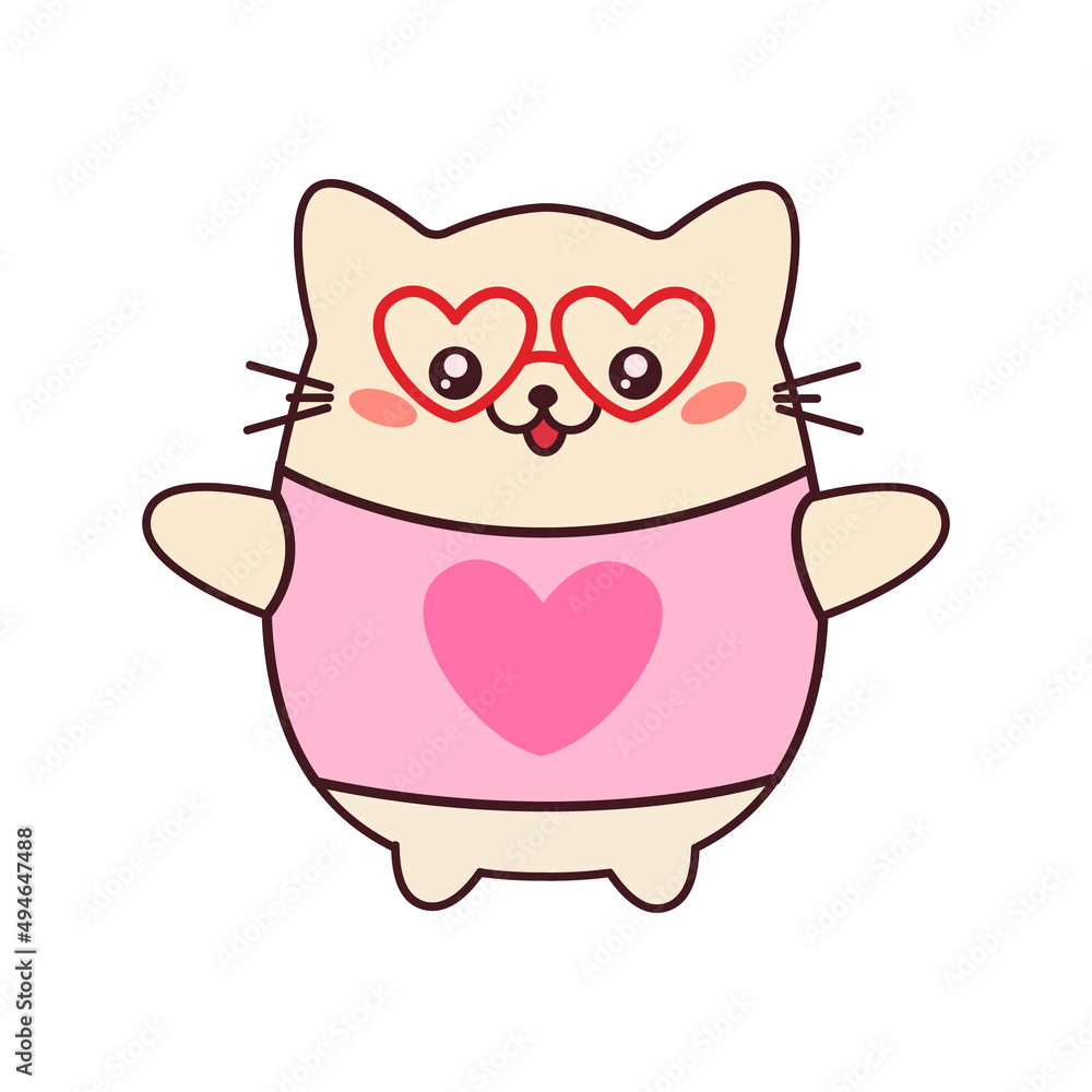 Cute white cat with heart-shaped glasses. A fat domestic cat in a T-shirt. Vector illustration with a cat in a kawaii style Cute white cat with heart-shaped glasses. A fat domestic cat in a T-shirt. Vector illustration with a cat in a kawaii style