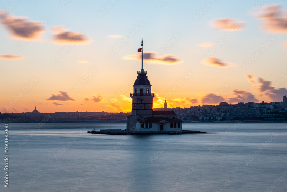 Istanbul Maiden Tower (Kiz Kulesi). Sunset at Maiden's Tower.Istanbul, Turkey
