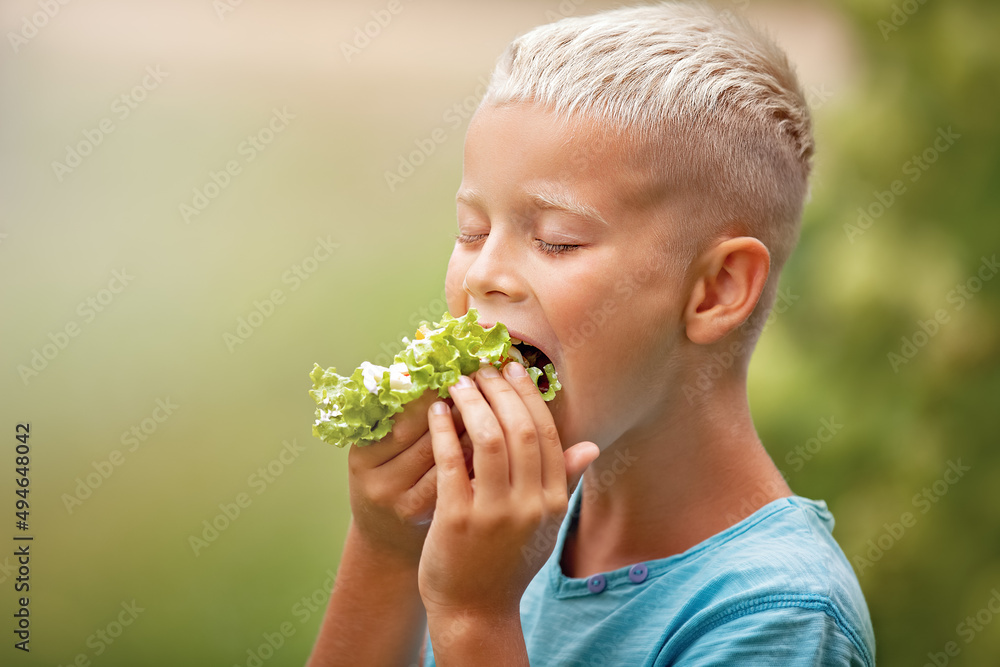Portrait of attractive caucasian boy eating salad on a sunny summer day in park, focus on a mouth with salad Portrait of attractive caucasian boy eating salad on a sunny summer day in park, focus on a mouth with salad